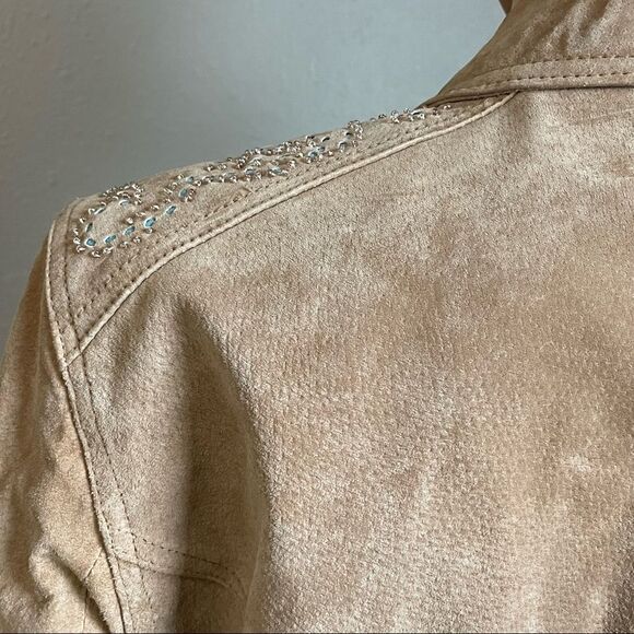 Brandon Thomas Tan Leather Jacket Cutout Turquoise Design Beaded Detail Medium - Picture 15 of 16